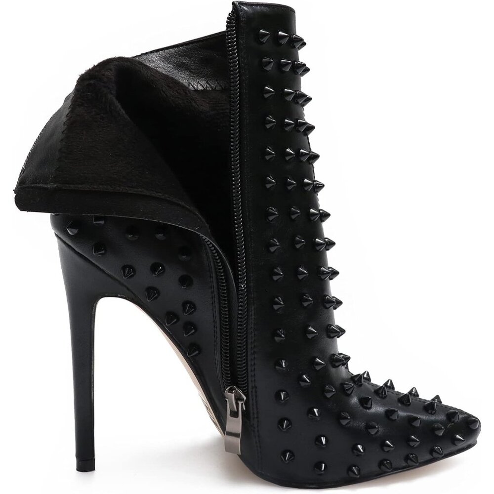 Women's Black Rhinestone Ankle Boots with Rivets Pointed Toe Stilettos Heel - Picture 4 of 7